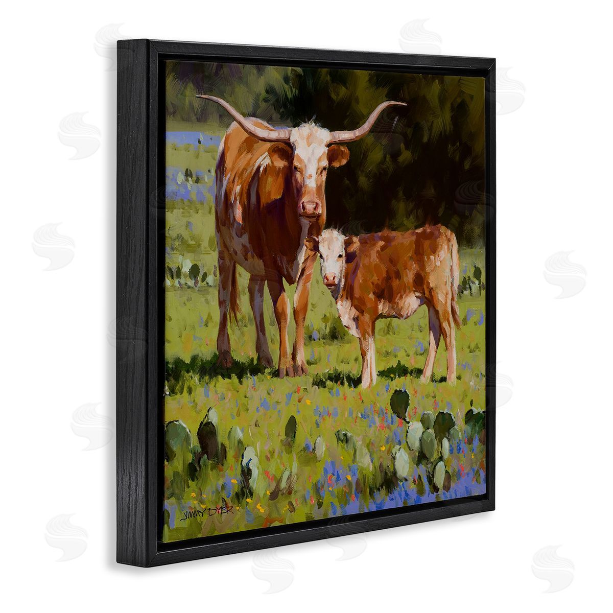 Jimmy Dyer Baby Calf Longhorn Cattle Scene Black Floating Frame Canvas Wall Art Print