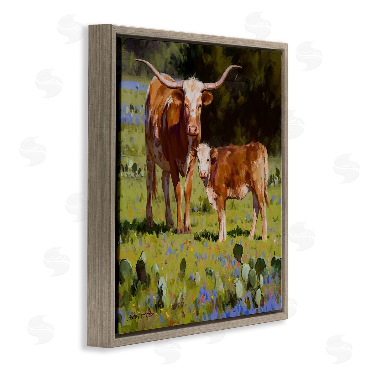 Jimmy Dyer Baby Calf Longhorn Cattle Scene Brown Floating Frame Canvas Wall Art Print