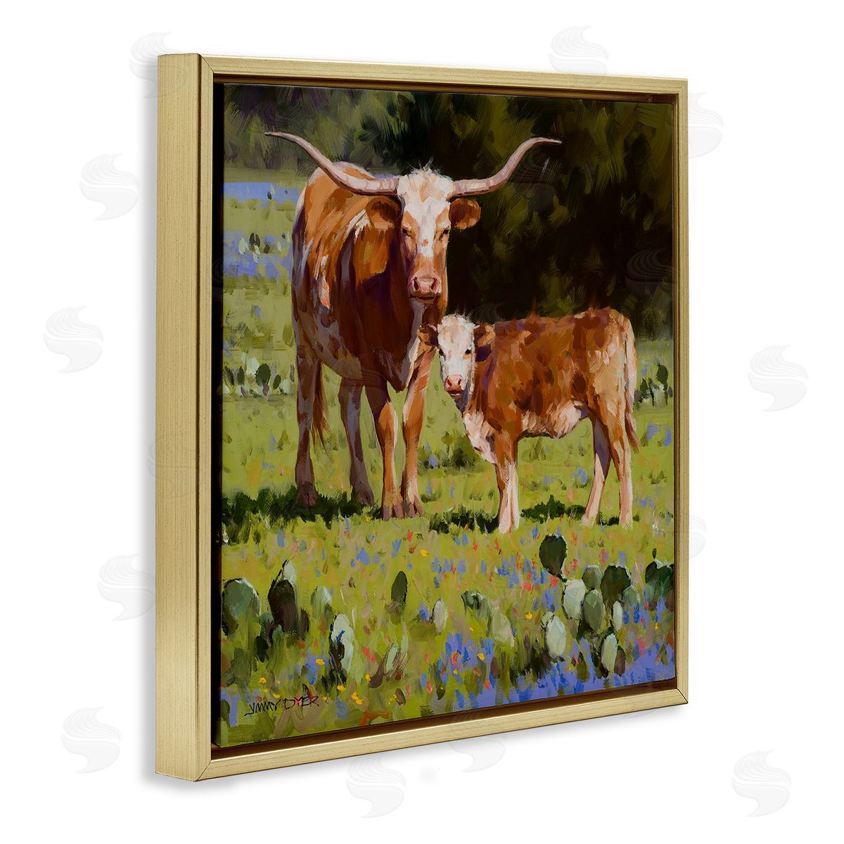 Jimmy Dyer Baby Calf Longhorn Cattle Scene Gold Floating Frame Canvas Wall Art Print