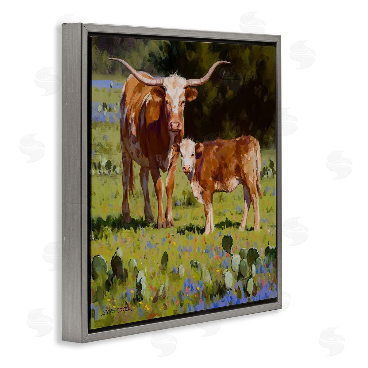 Jimmy Dyer Baby Calf Longhorn Cattle Scene Gray Floating Frame Canvas Wall Art Print