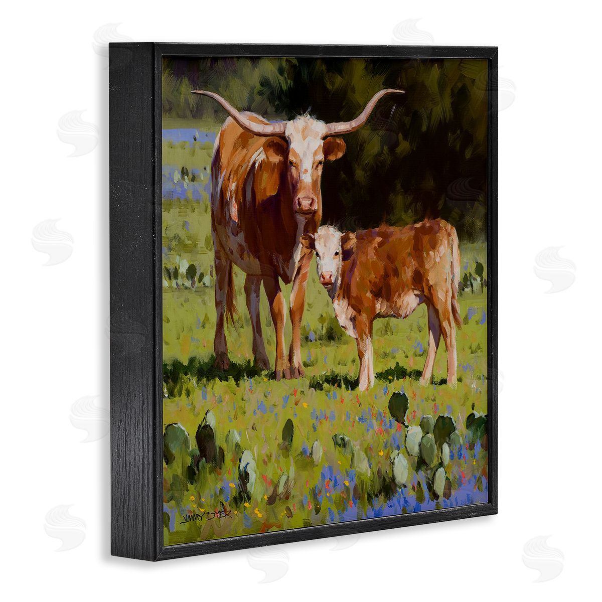Jimmy Dyer Baby Calf Longhorn Cattle Scene Black Framed Glicee Wall Art Print