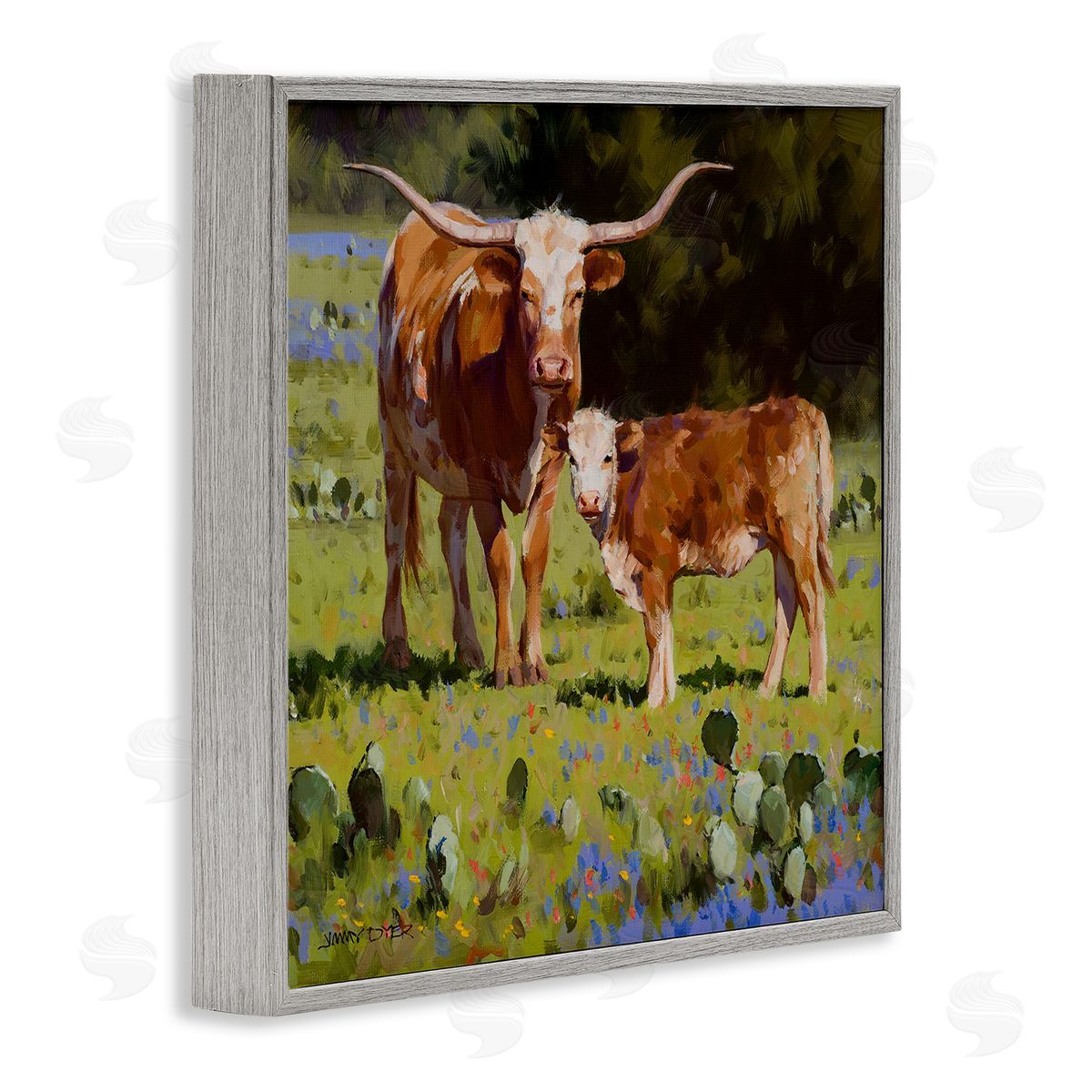 Jimmy Dyer Baby Calf Longhorn Cattle Scene Gray Framed Glicee Wall Art Print
