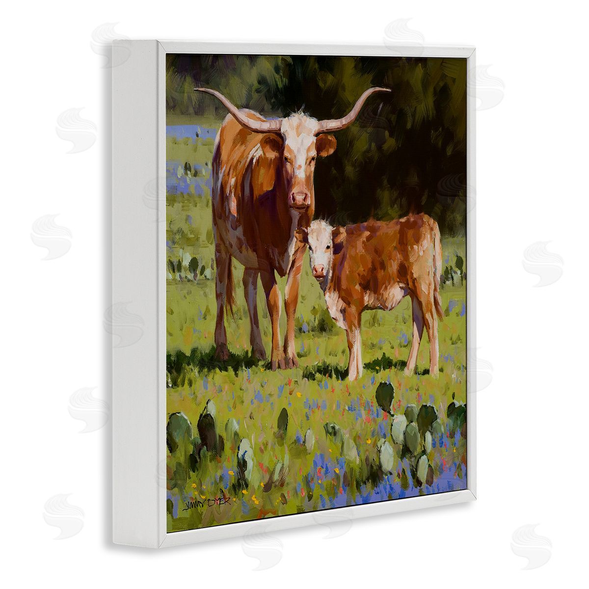 Jimmy Dyer Baby Calf Longhorn Cattle Scene White Framed Glicee Wall Art Print