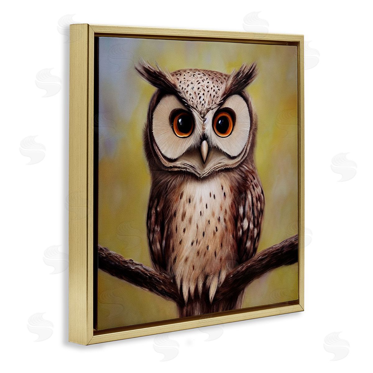 Alpenglow Workshop Detailed Owl Perched Wildlife Gold Floating Frame Canvas Wall Art Print