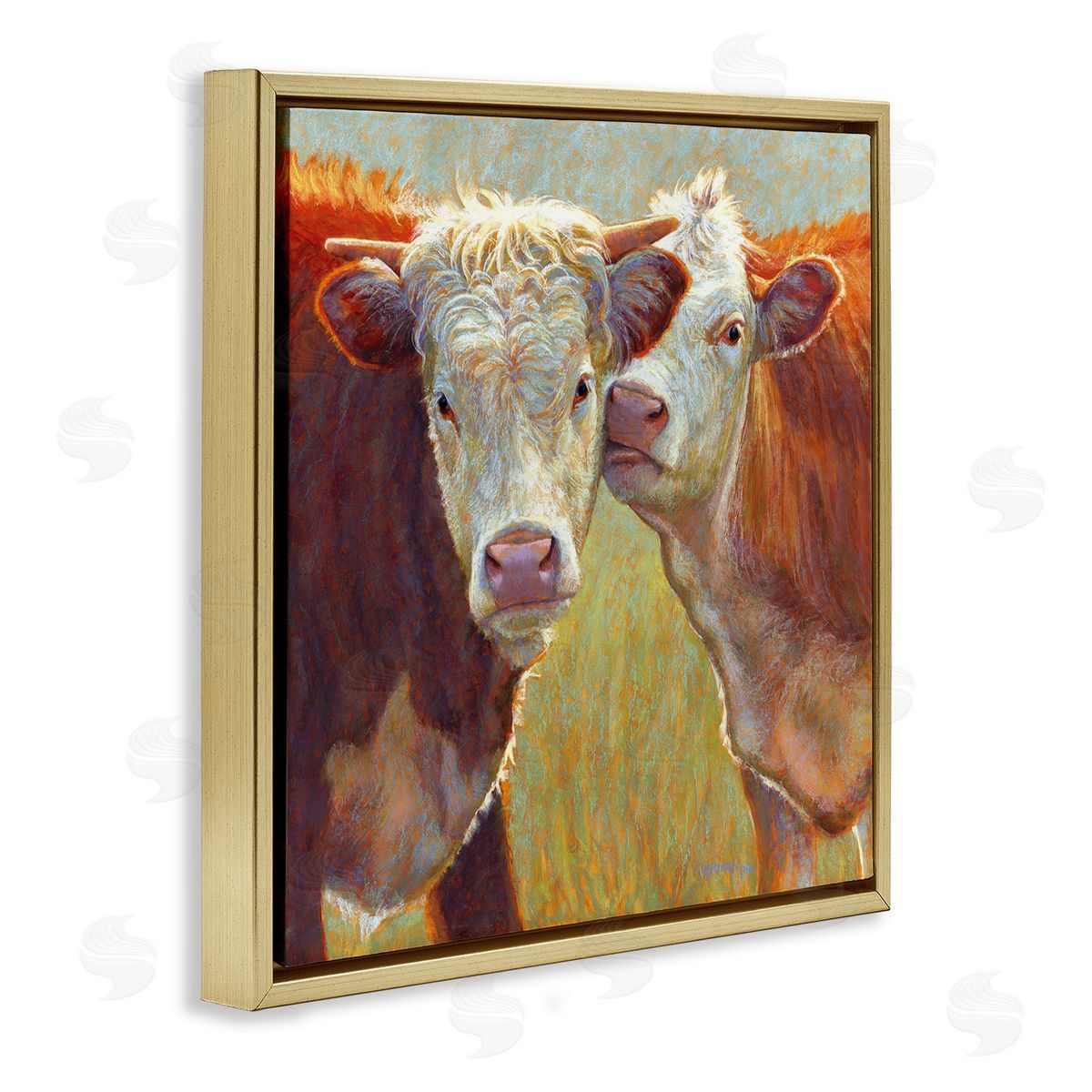 Rita Kirkman Kissing Cows Farm Animals Gold Floating Frame Canvas Wall Art Print