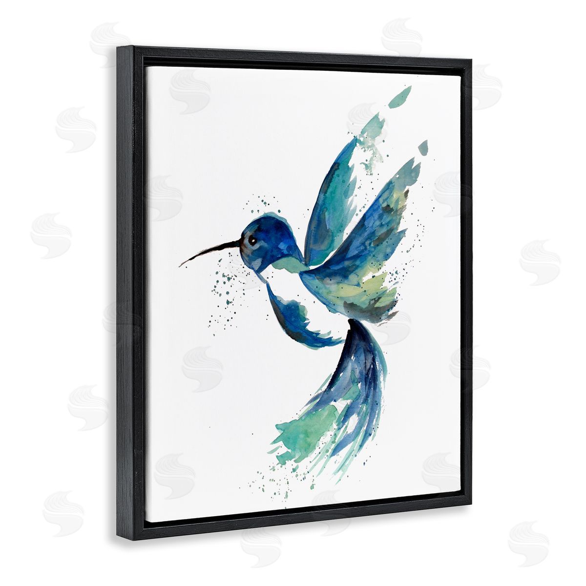 Modern Blue Hummingbird Flying Black Floating Frame Canvas Wall Art, Home Decor by Sebastian Grafmann