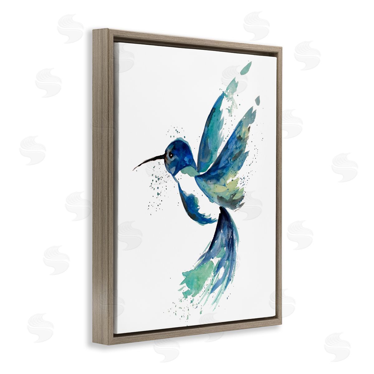 Modern Blue Hummingbird Flying Brown Floating Frame Canvas Wall Art, Home Decor by Sebastian Grafmann