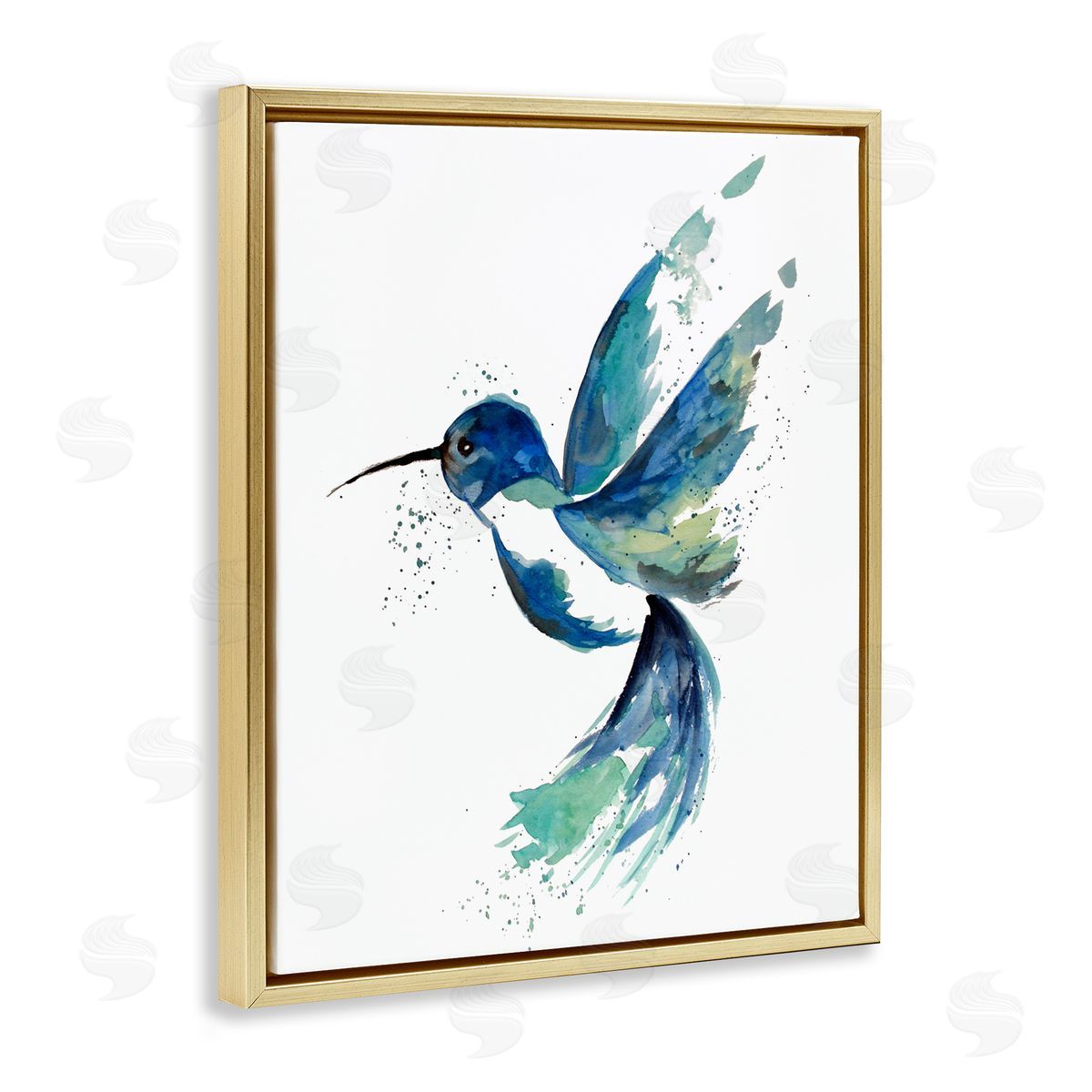 Modern Blue Hummingbird Flying Gold Floating Frame Canvas Wall Art, Home Decor by Sebastian Grafmann