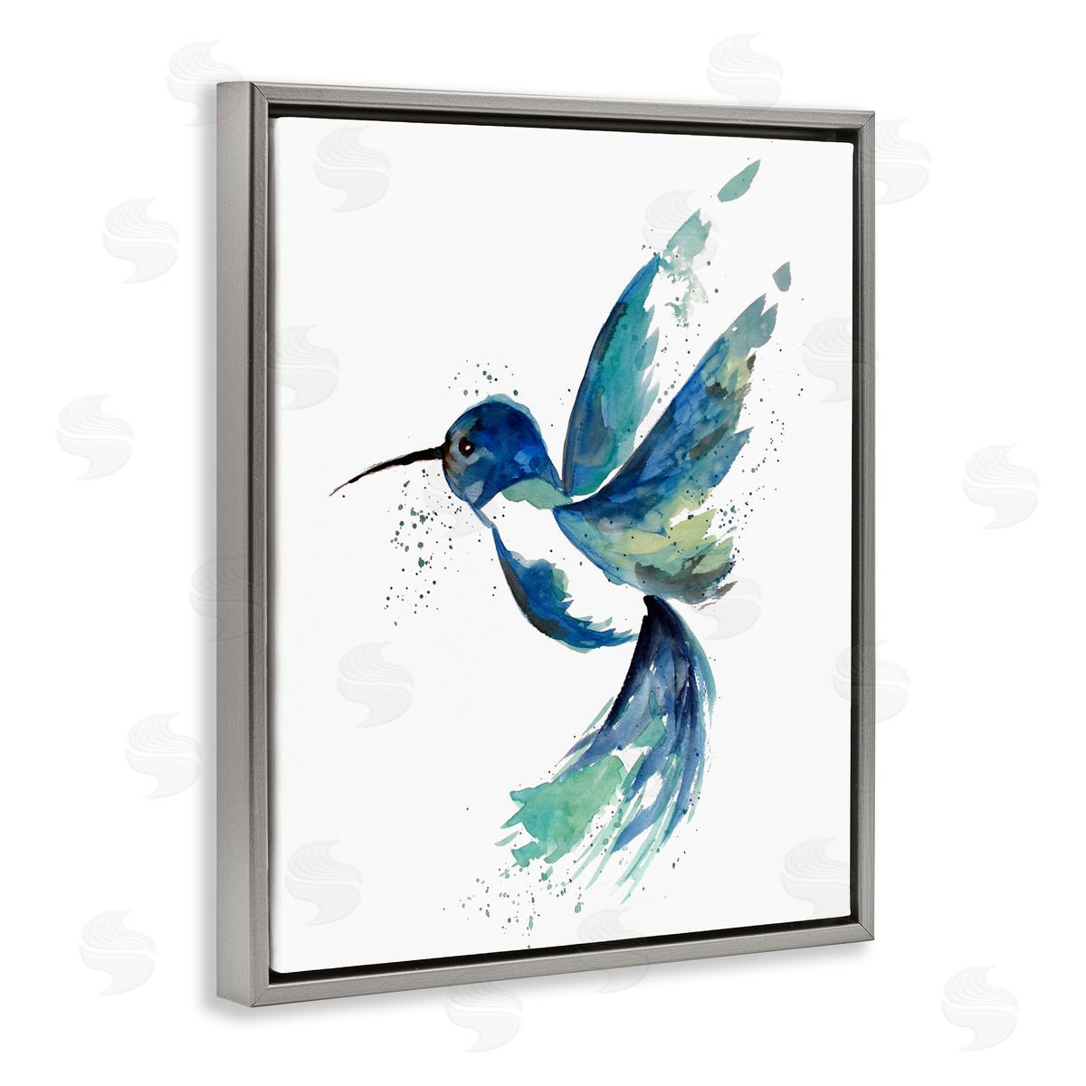 Modern Blue Hummingbird Flying Grey Floating Frame Canvas Wall Art, Home Decor by Sebastian Grafmann