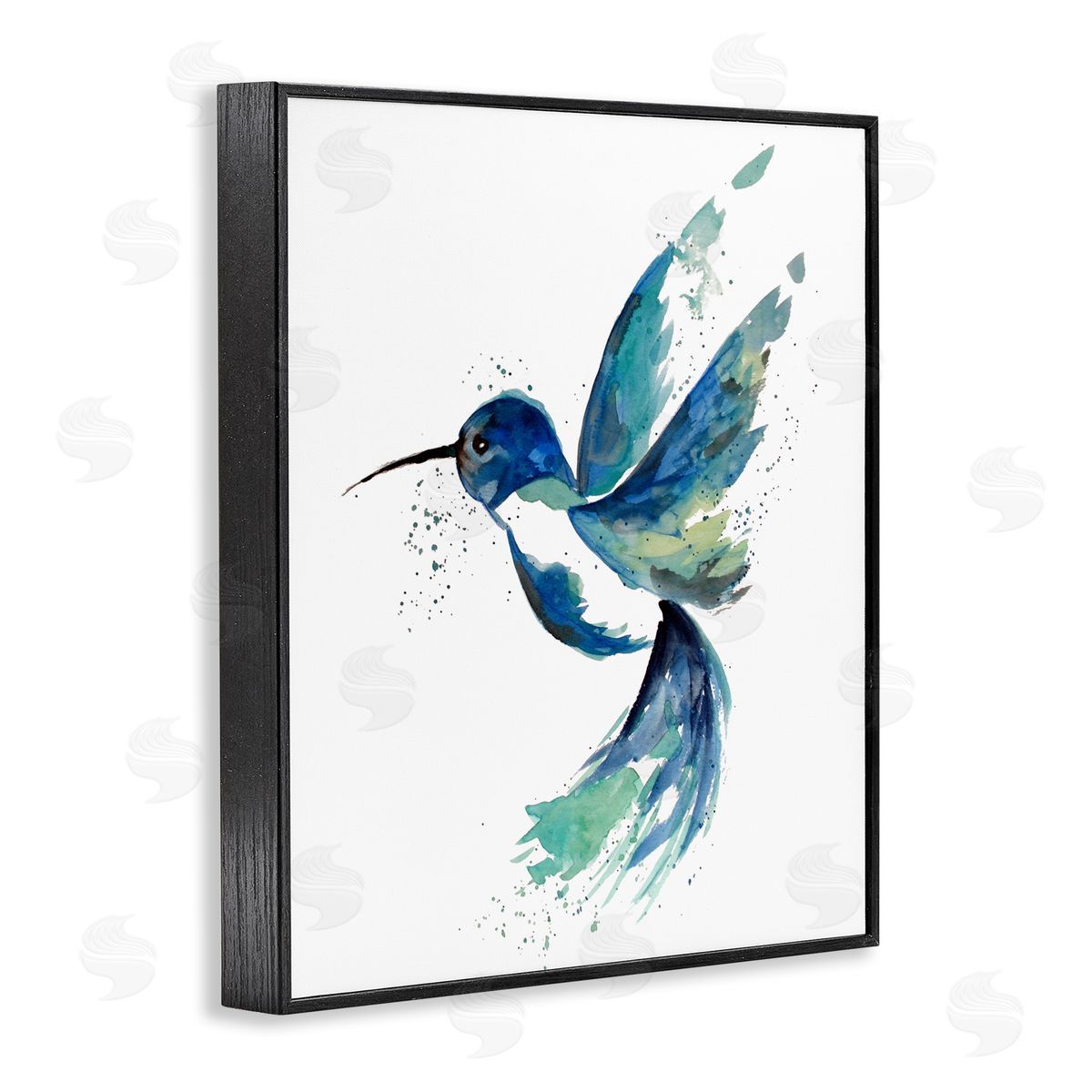 Modern Blue Hummingbird Flying Black Frame Print Wall Art, Home Decor by Sebastian Grafmann