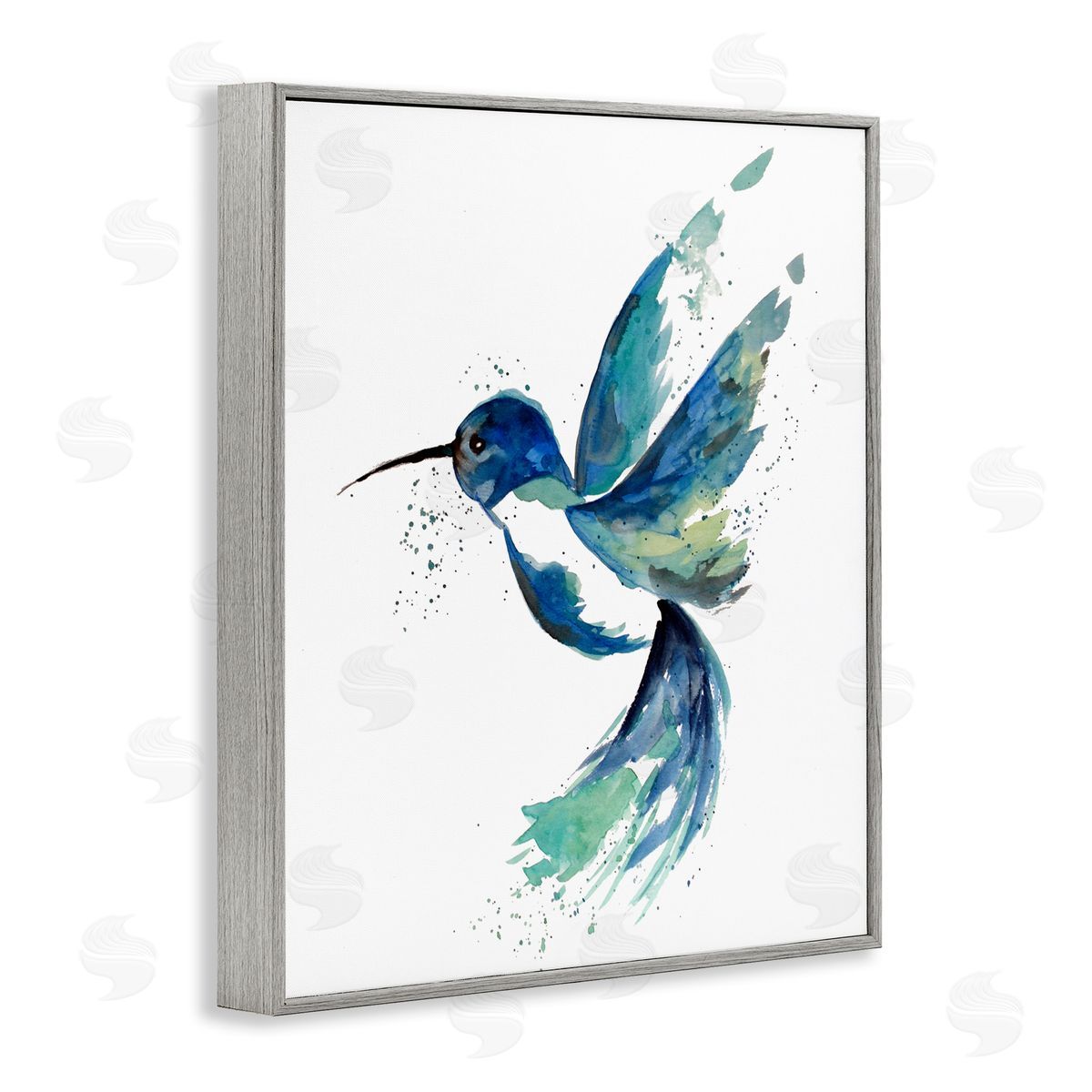 Modern Blue Hummingbird Flying Grey Frame Print Wall Art, Home Decor by Sebastian Grafmann