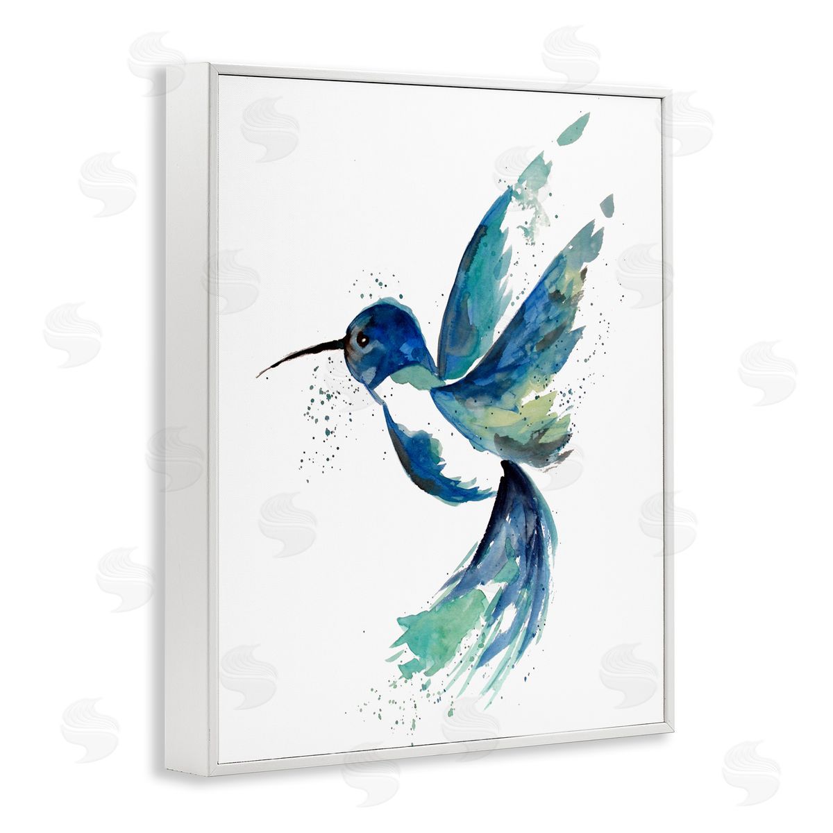 Modern Blue Hummingbird Flying White Frame Print Wall Art, Home Decor by Sebastian Grafmann