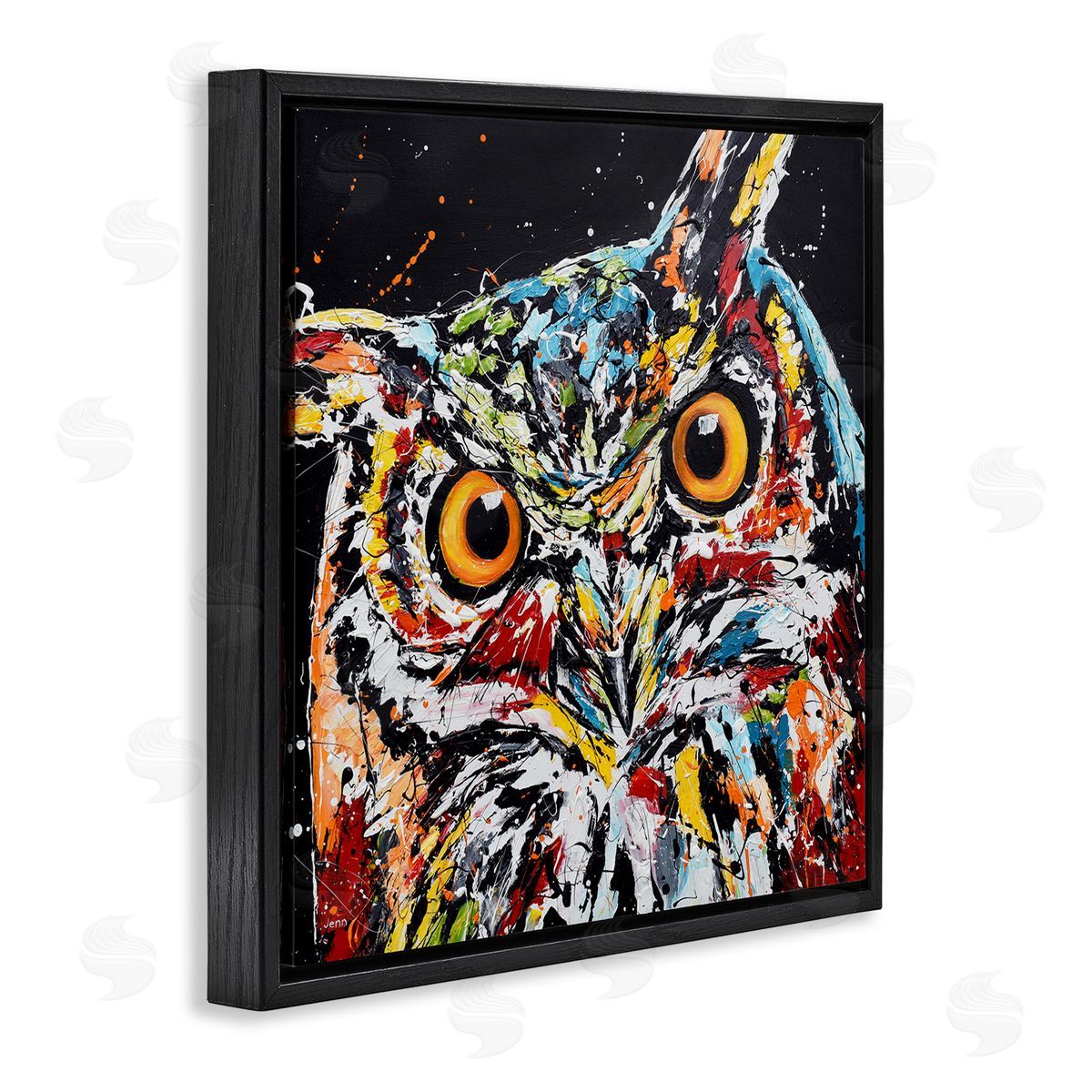 Jen Seeley Street Style Horned Owl Splatter Black Floating Frame Canvas Wall Art Print