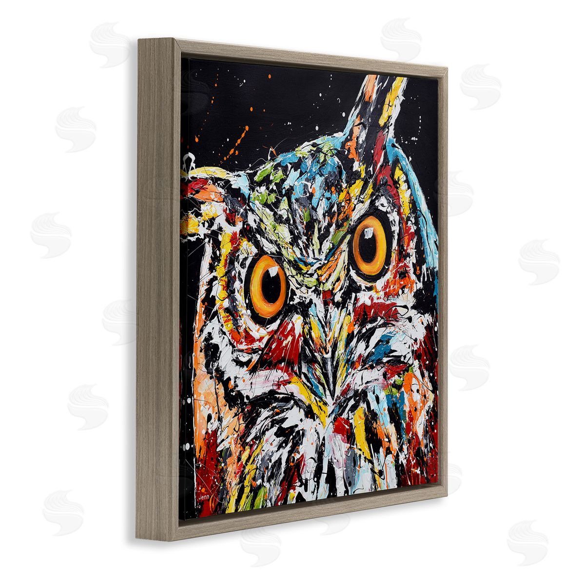 Jen Seeley Street Style Horned Owl Splatter Brown Floating Frame Canvas Wall Art Print