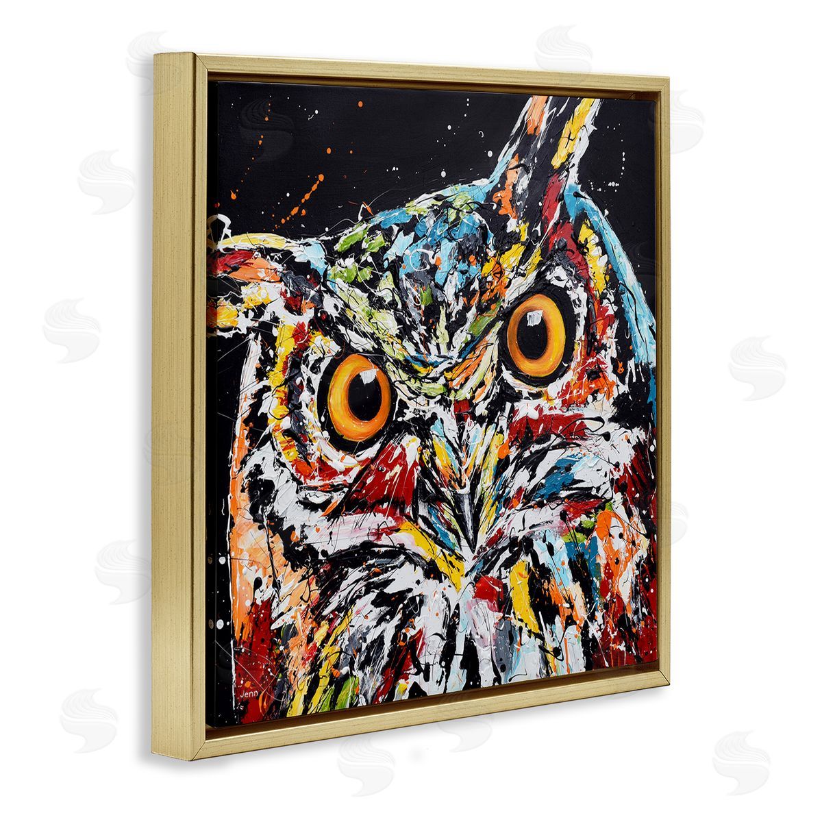 Jen Seeley Street Style Horned Owl Splatter Gold Floating Frame Canvas Wall Art Print