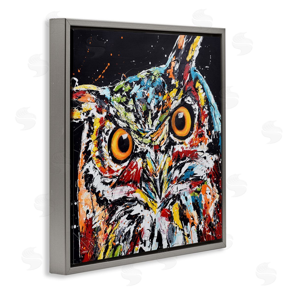 Jen Seeley Street Style Horned Owl Splatter Gray Floating Frame Canvas Wall Art Print