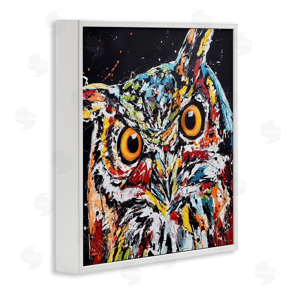 Jen Seeley Street Style Horned Owl Splatter White Framed Glicee Wall Art Print
