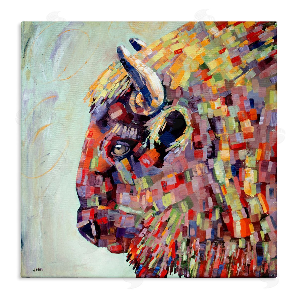 Jen Seeley Mosaic Style Bison Portrait Stretched Canvas Wall Art Print