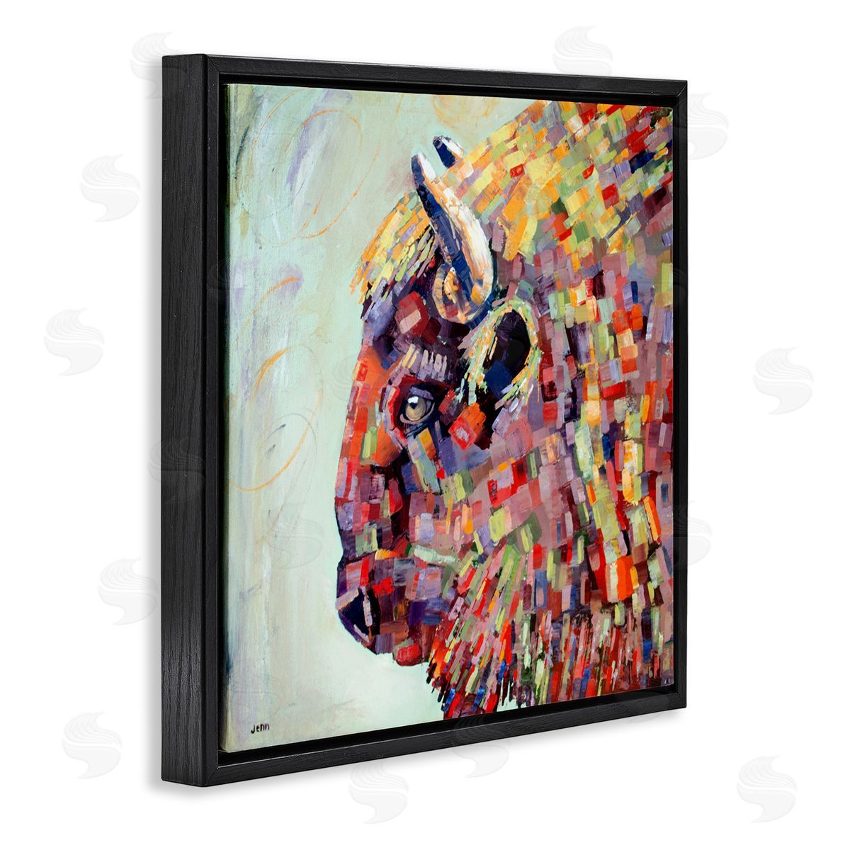 Jen Seeley Mosaic Style Bison Portrait Black Floating Frame Canvas Wall Art Print