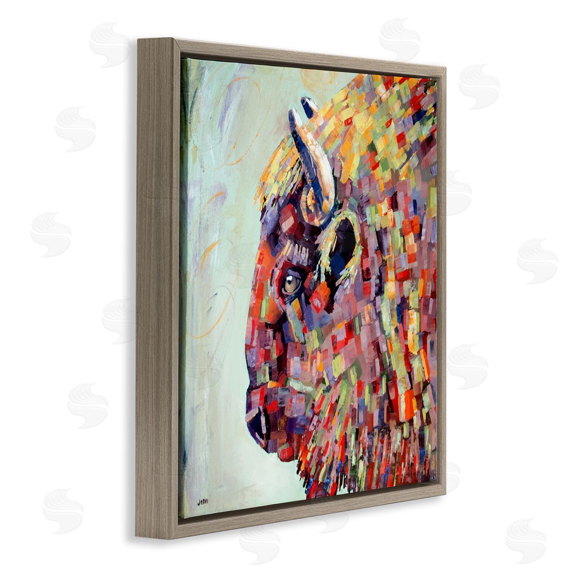 Jen Seeley Mosaic Style Bison Portrait Brown Floating Frame Canvas Wall Art Print