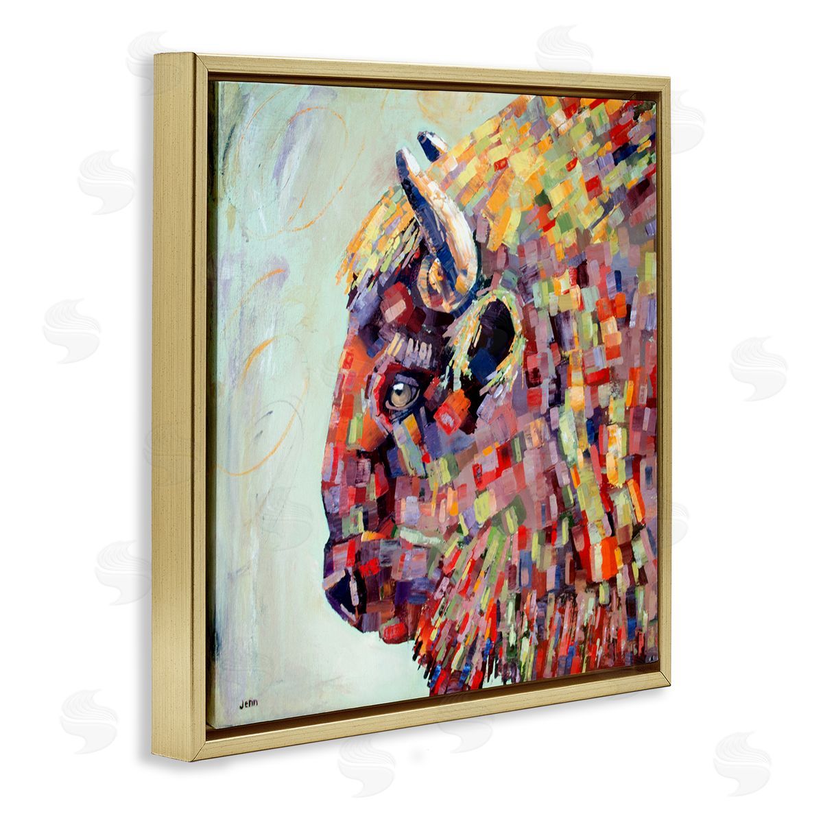 Jen Seeley Mosaic Style Bison Portrait Gold Floating Frame Canvas Wall Art Print