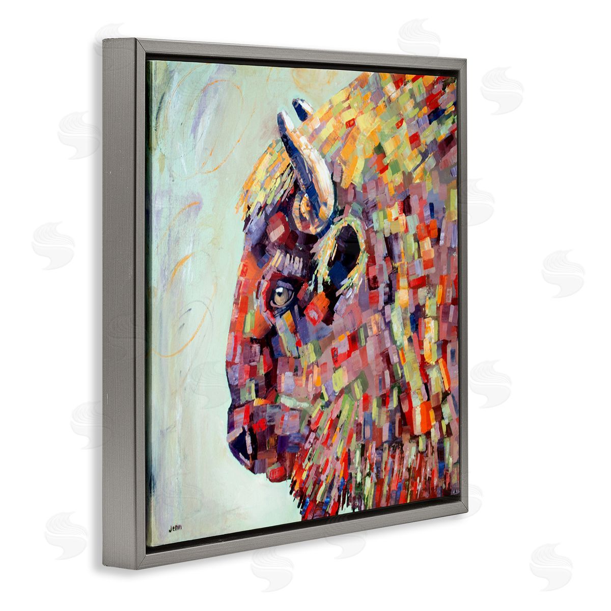 Jen Seeley Mosaic Style Bison Portrait Gray Floating Frame Canvas Wall Art Print