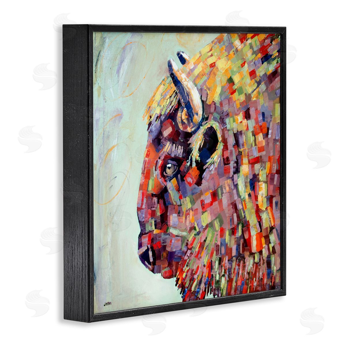 Jen Seeley Mosaic Style Bison Portrait Black Framed Glicee Wall Art Print