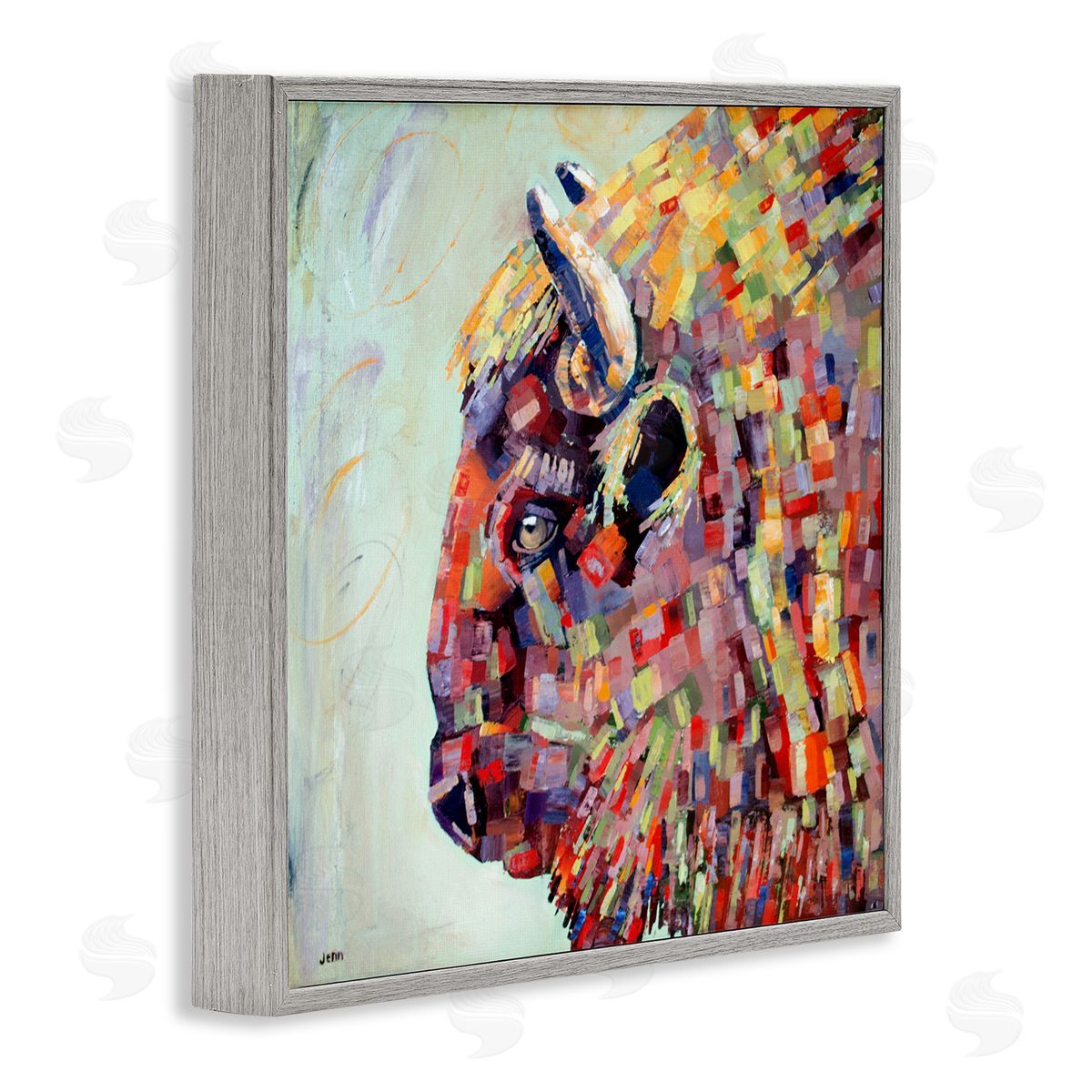 Jen Seeley Mosaic Style Bison Portrait Gray Framed Glicee Wall Art Print
