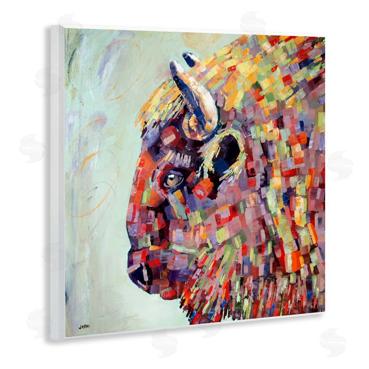 Jen Seeley Mosaic Style Bison Portrait Wooden Wall Plaque Art Print