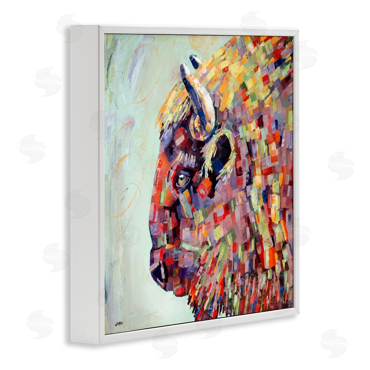 Jen Seeley Mosaic Style Bison Portrait White Framed Glicee Wall Art Print