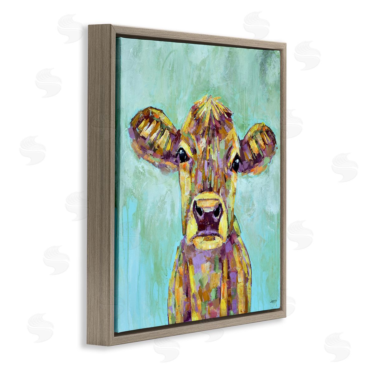 Jen Seeley Modern Cow Farm Animal Portrait Brown Floating Frame Canvas Wall Art Print