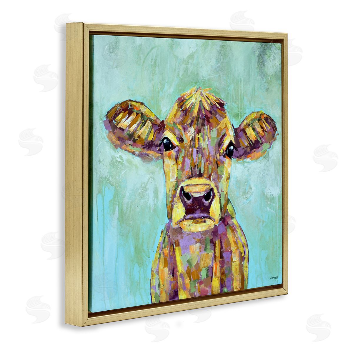 Jen Seeley Modern Cow Farm Animal Portrait Gold Floating Frame Canvas Wall Art Print