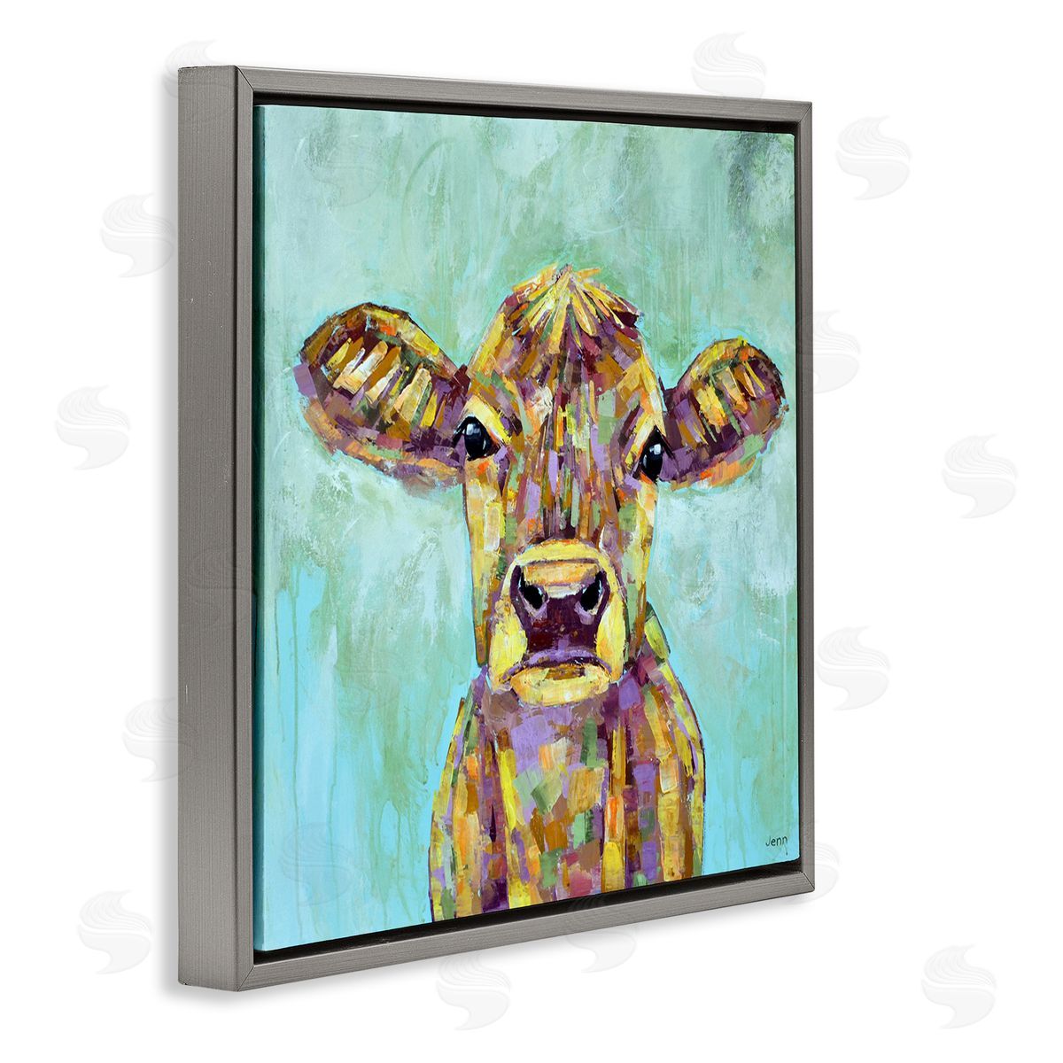 Jen Seeley Modern Cow Farm Animal Portrait Gray Floating Frame Canvas Wall Art Print