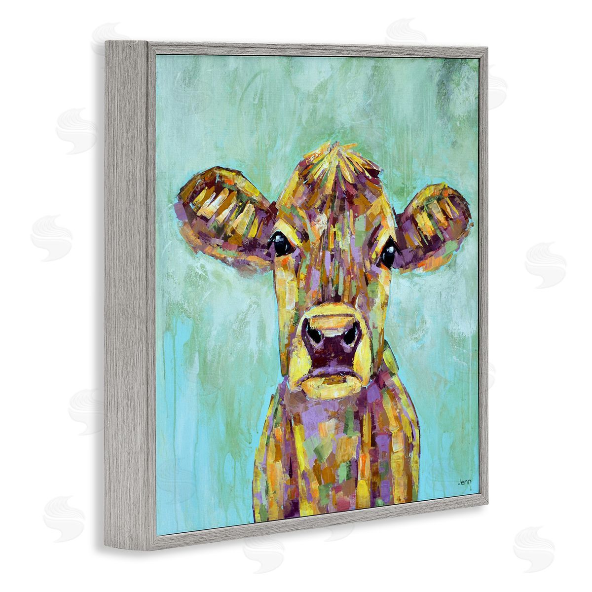 Jen Seeley Modern Cow Farm Animal Portrait Gray Framed Glicee Wall Art Print