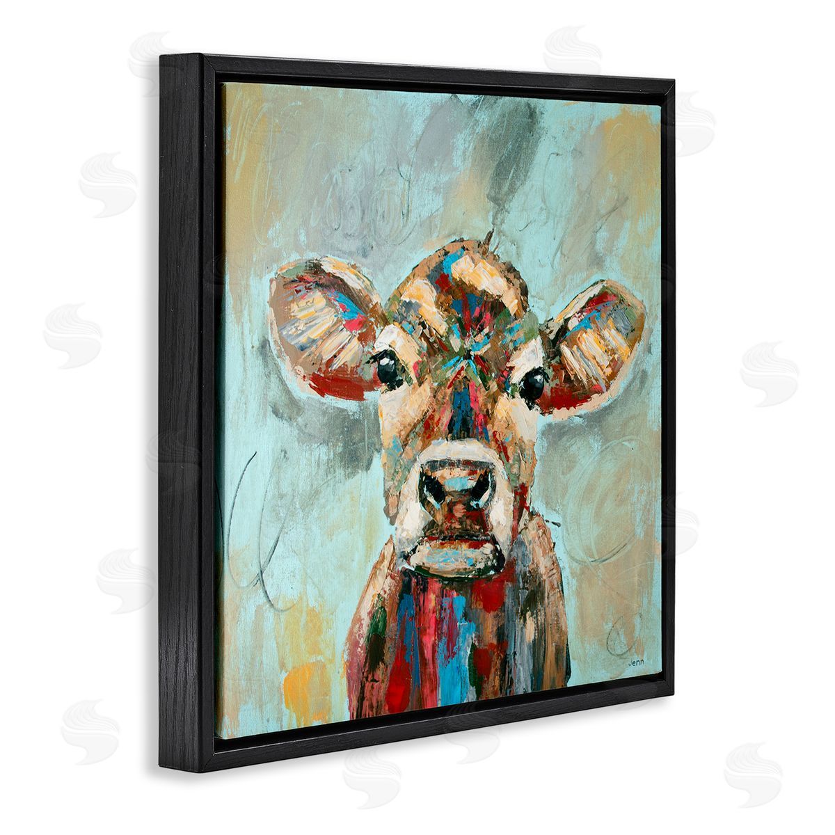 Jen Seeley Brushed Painting Cow Animal Black Floating Frame Canvas Wall Art Print