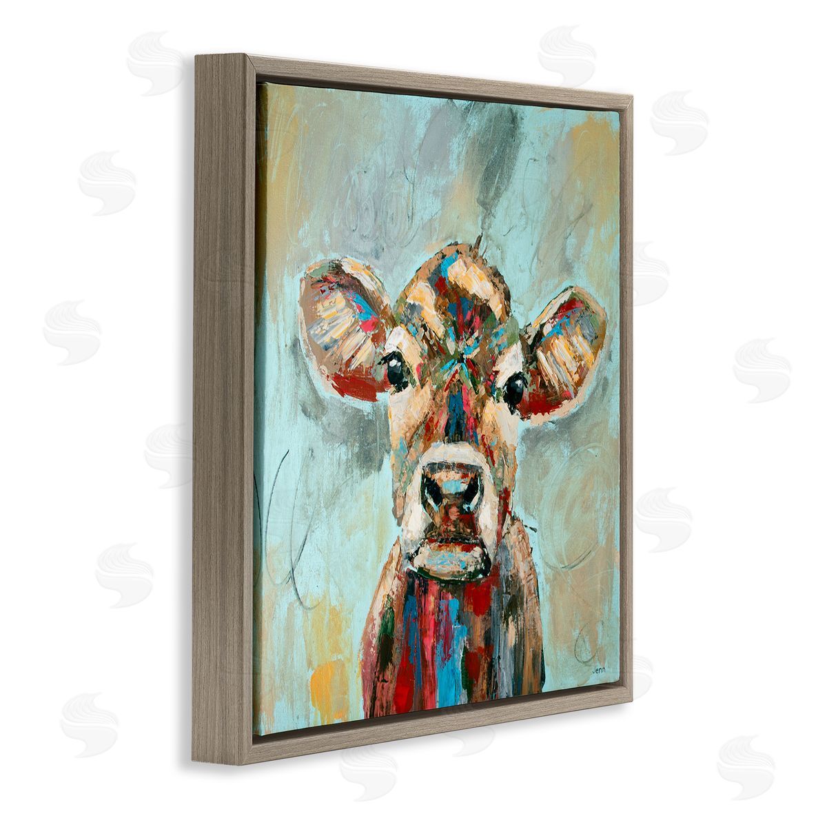Jen Seeley Brushed Painting Cow Animal Brown Floating Frame Canvas Wall Art Print