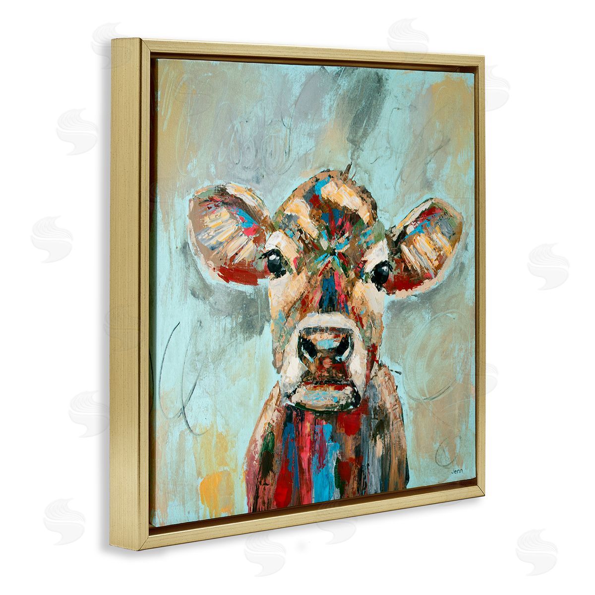 Jen Seeley Brushed Painting Cow Animal Gold Floating Frame Canvas Wall Art Print