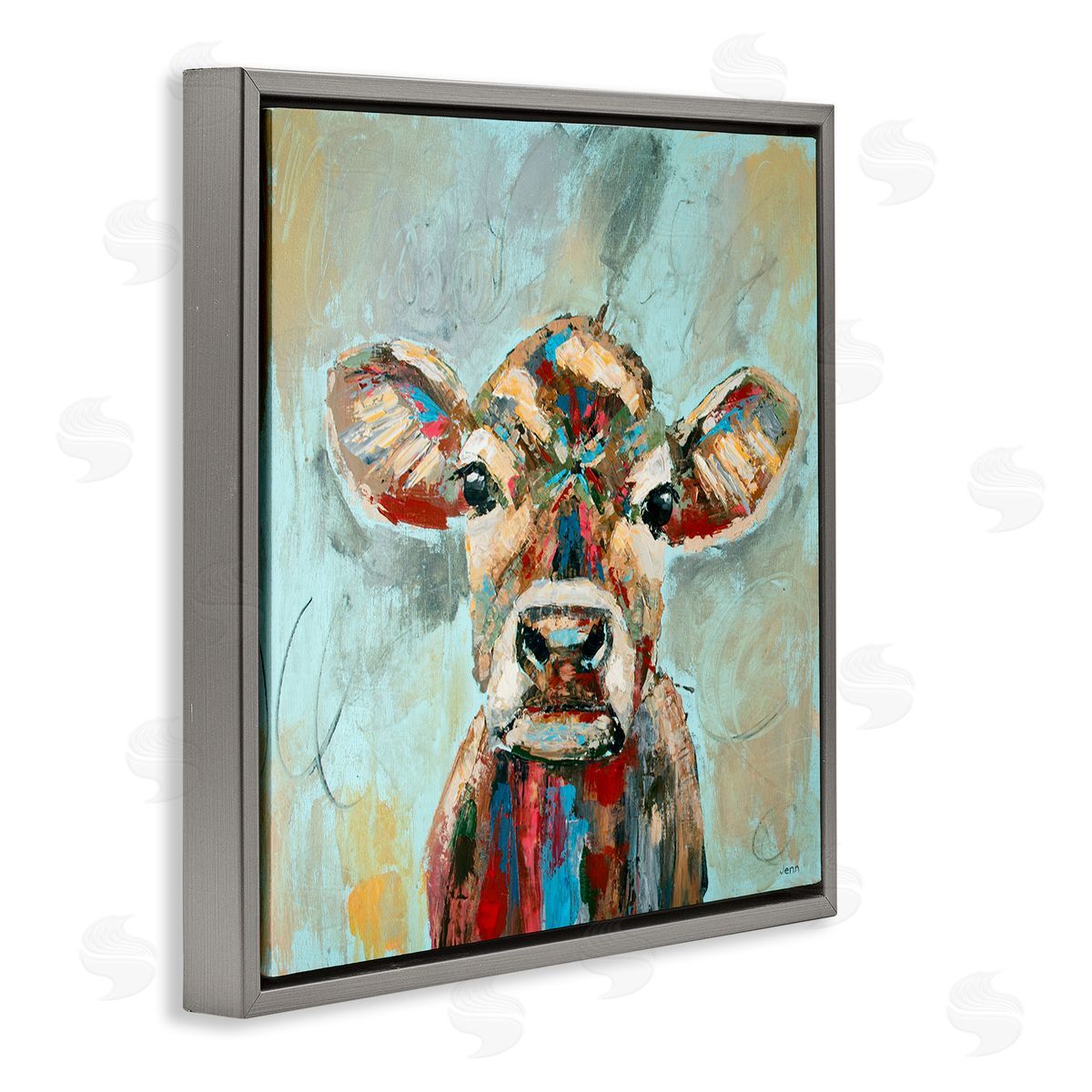 Jen Seeley Brushed Painting Cow Animal Gray Floating Frame Canvas Wall Art Print