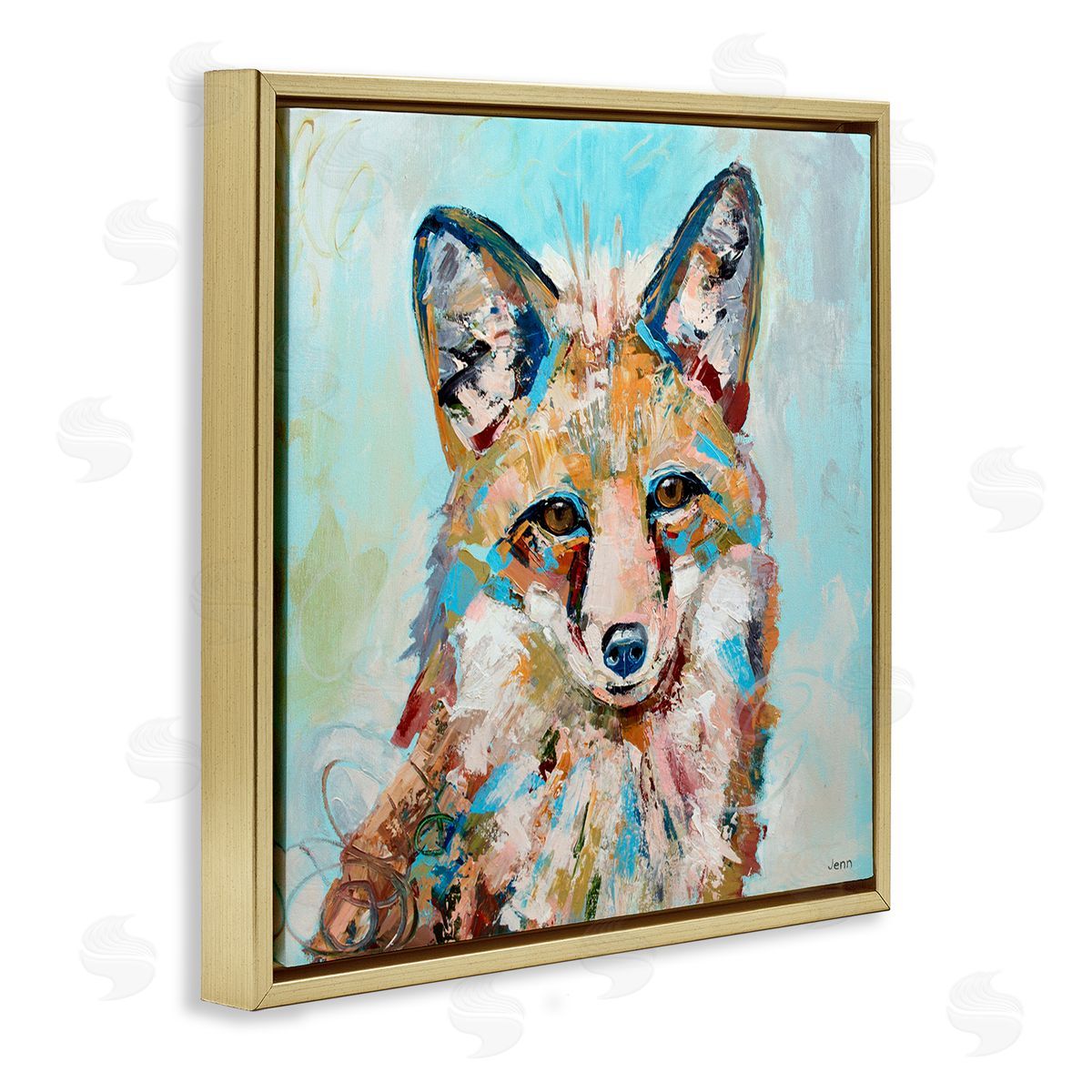 Jen Seeley Modern Fox Blue Accent Animal Gold Floating Frame Canvas Wall Art Print