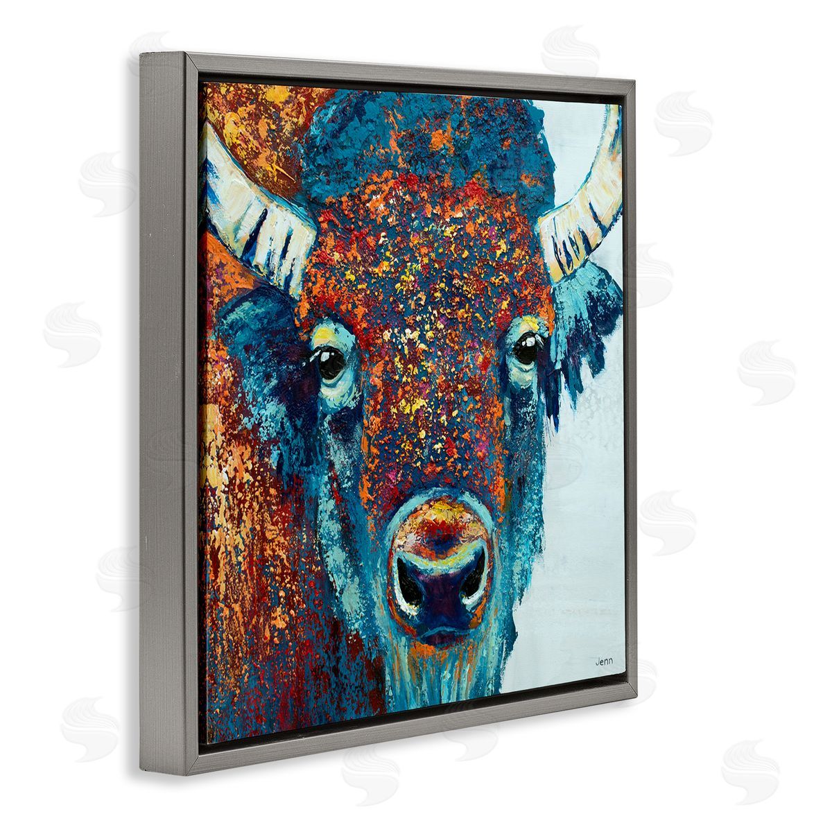 Jen Seeley Bison Gazing Close Up Wildlife Gray Floating Frame Canvas Wall Art Print
