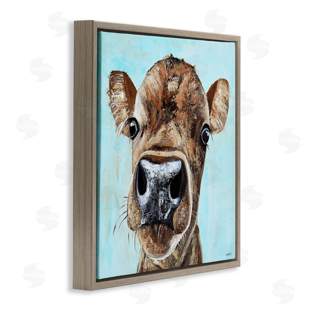 Jen Seeley Fun Close Up Cow Face Brown Floating Frame Canvas Wall Art Print