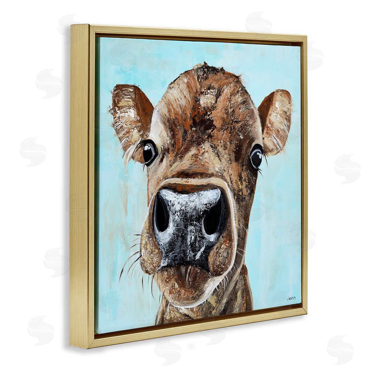 Jen Seeley Fun Close Up Cow Face Gold Floating Frame Canvas Wall Art Print