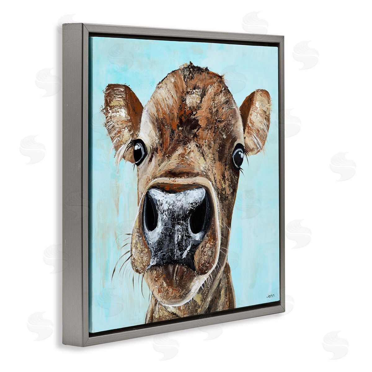 Jen Seeley Fun Close Up Cow Face Gray Floating Frame Canvas Wall Art Print
