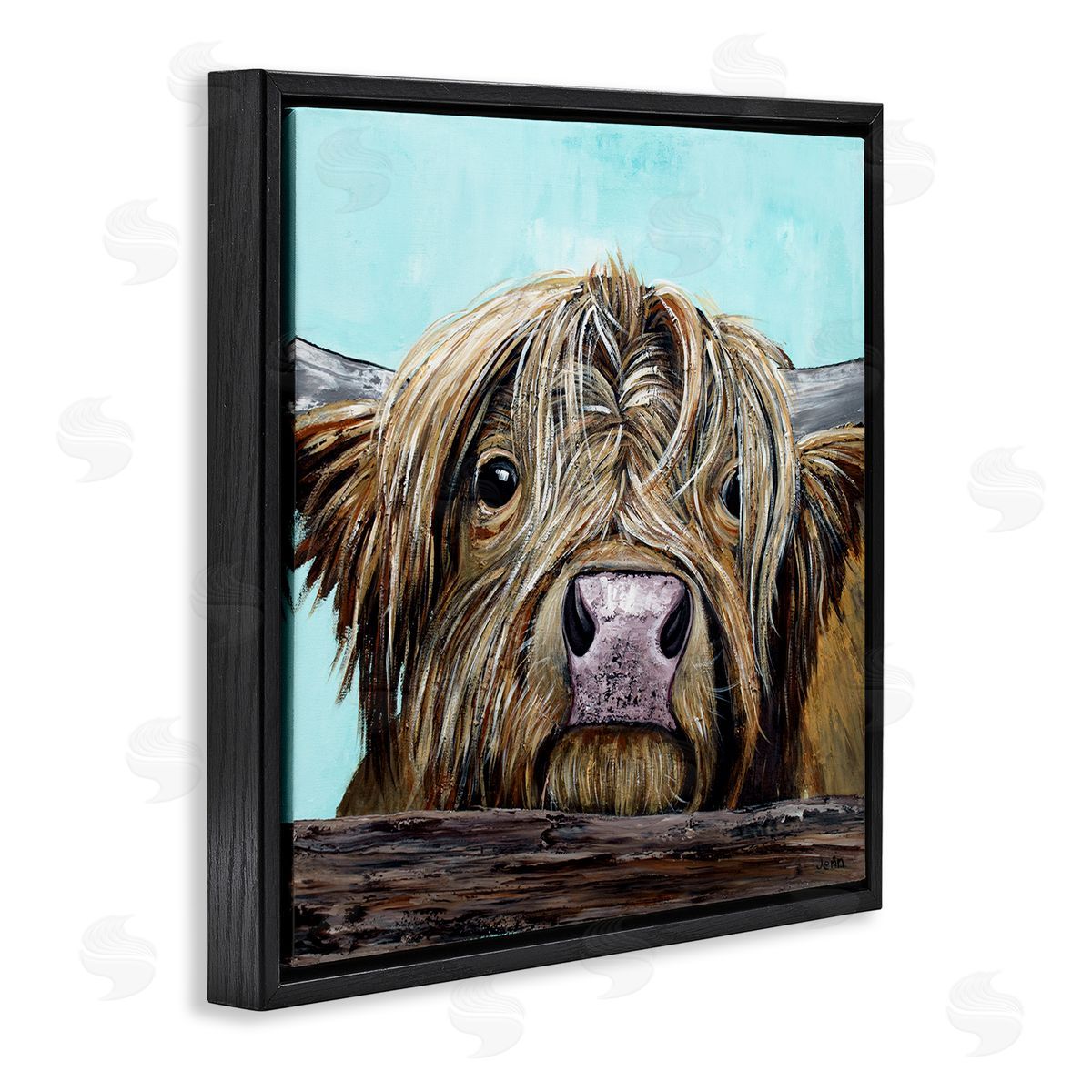 Jen Seeley Highland Cattle Farm Animal Face Black Floating Frame Canvas Wall Art Print