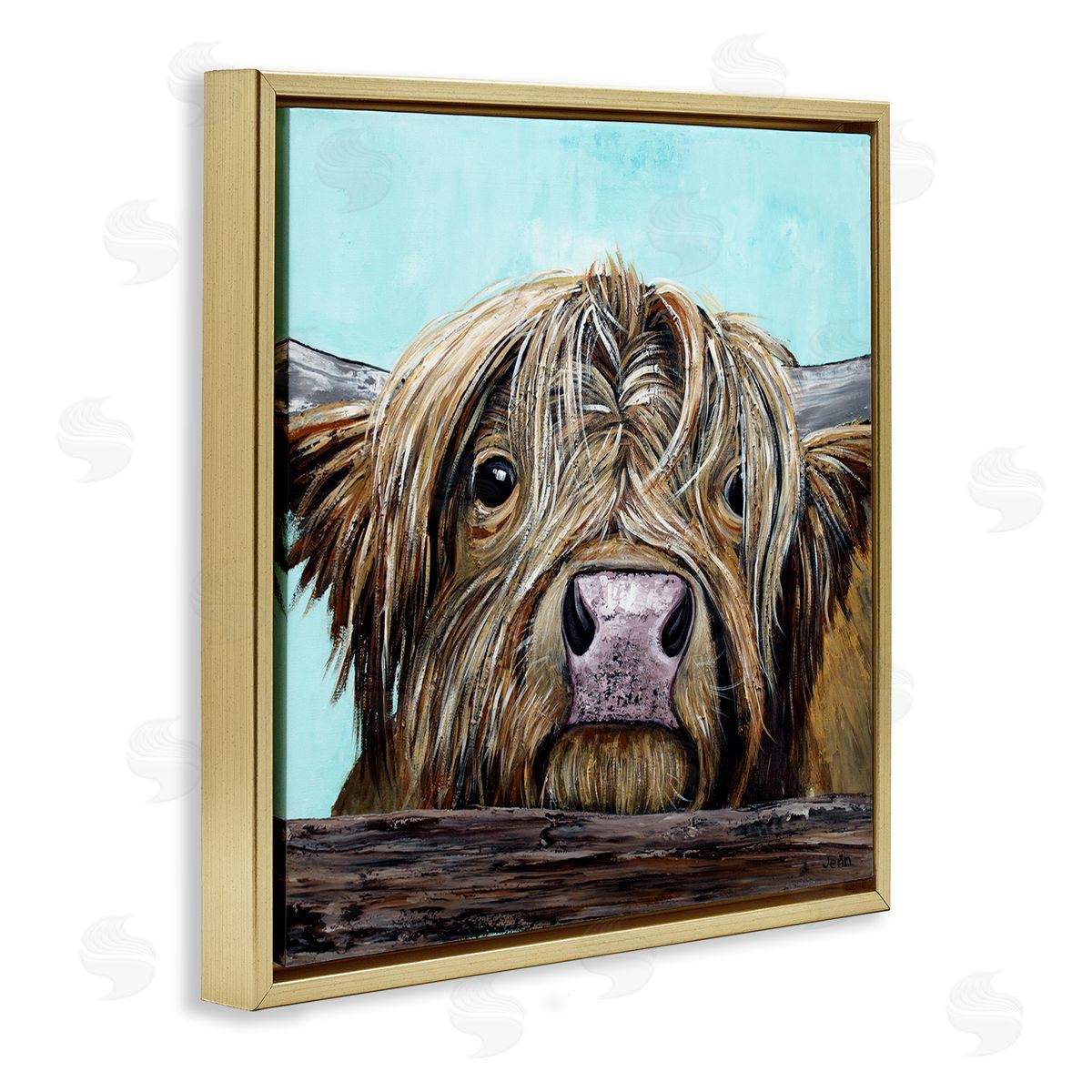 Jen Seeley Highland Cattle Farm Animal Face Gold Floating Frame Canvas Wall Art Print