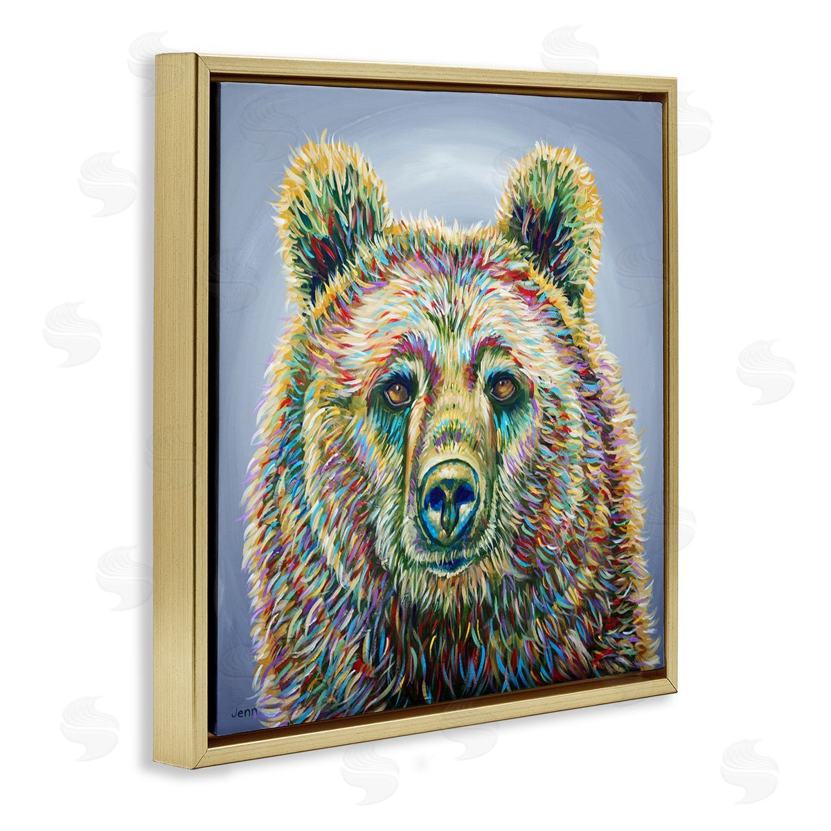 Jen Seeley Modern Bear Rainbow Fur Strokes Gold Floating Frame Canvas Wall Art Print