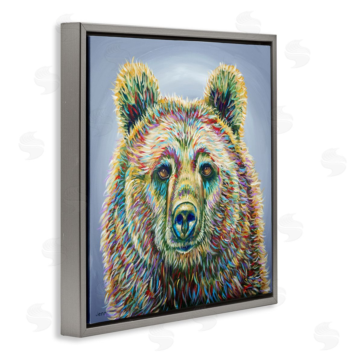 Jen Seeley Modern Bear Rainbow Fur Strokes Gray Floating Frame Canvas Wall Art Print
