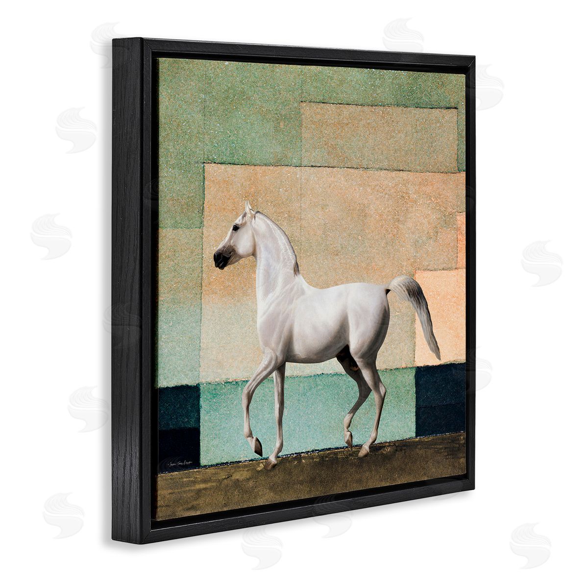 Seven Trees Design White Stallion Geometric Composition Black Floating Frame Canvas Wall Art Print