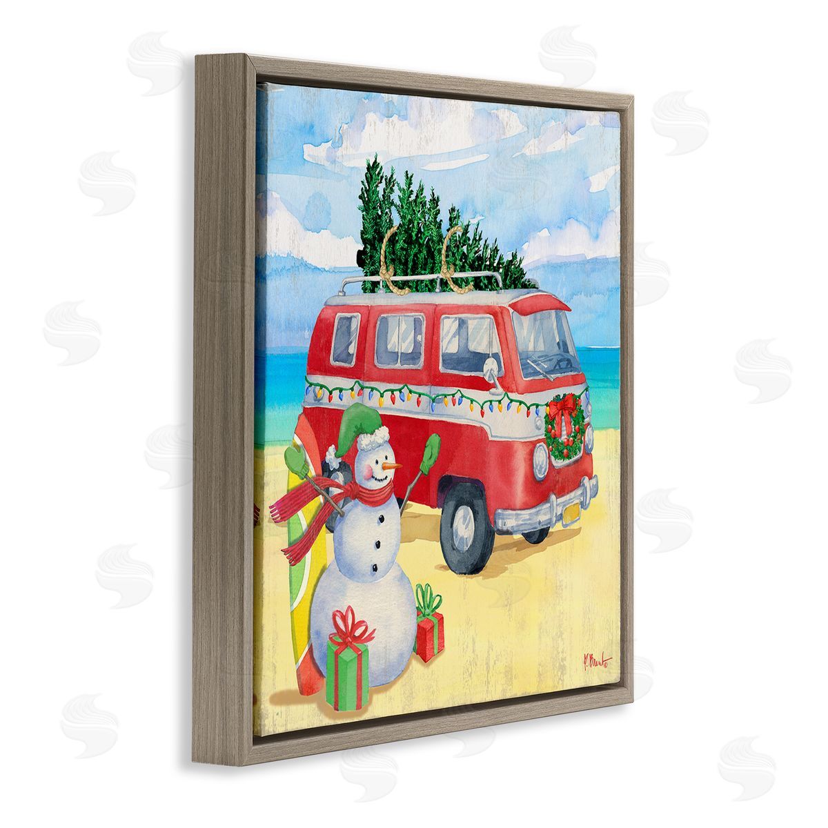 Paul Brent Christmas Beach Nautical Van Brown Floating Frame Canvas Wall Art Print