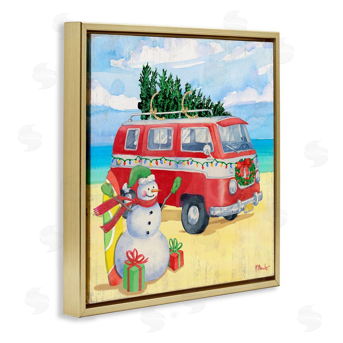 Paul Brent Christmas Beach Nautical Van Gold Floating Frame Canvas Wall Art Print